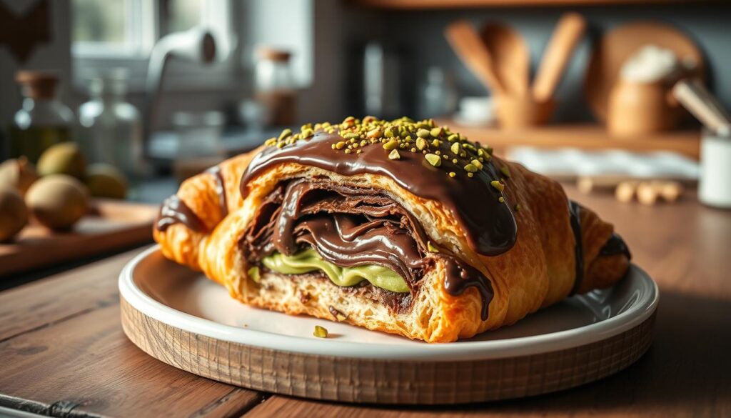 A beautifully plated pistachio chocolate croissant, showcasing a flaky, golden-brown exterior with a glossy, rich chocolate glaze and speckles of crushed pistachios on top. The croissant is sliced open to reveal layers of chocolate filling intertwined with vibrant green pistachio cream, highlighting the texture and decadence. In the foreground, a rustic wooden table adds warmth, while a soft, diffused natural light filters in from a nearby window, creating gentle shadows that emphasize the croissant's curves. The background features a blurred, cozy kitchen setting with subtle baking tools and ingredients, evoking a homely atmosphere filled with the promise of delicious homemade baking. The overall mood is inviting and inspiring, encouraging viewers to indulge in the art of pastry-making.