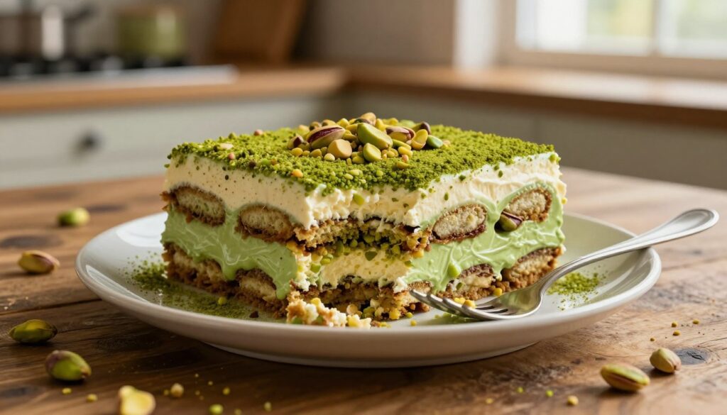 A beautifully plated pistachio tiramisu sits elegantly on a rustic wooden table. The dessert features layers of creamy mascarpone cheese and vibrant green pistachio mousse, garnished with crushed pistachios and a delicate dusting of cocoa powder. In the foreground, a fork is resting beside the dessert, with a small bite taken out to reveal the rich, layered texture inside. The background softly blurs, hinting at a cozy kitchen setting with warm, ambient light cascading through a nearby window, highlighting the creamy layers and the nutty green hue of the pistachios. The scene conveys a warm, inviting atmosphere, perfect for showcasing this nutty twist on a classic dessert.