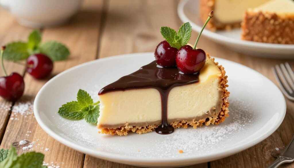 A beautifully plated slice of cherry cheesecake takes center stage, garnished with fresh cherries and a drizzle of rich chocolate sauce. The cheesecake is creamy with a crust made from crushed graham crackers, showcasing a smooth texture. Surrounding the slice are scattered mint leaves for added freshness, and a dusting of powdered sugar enhances the presentation. In the background, a wooden table adds rustic charm, while soft, warm lighting creates a cozy atmosphere. The shot is from a slightly elevated angle, focusing closely on the cake to highlight its delicious details and vibrant colors, inviting viewers to appreciate this exquisite dessert as an elegant serving idea.
