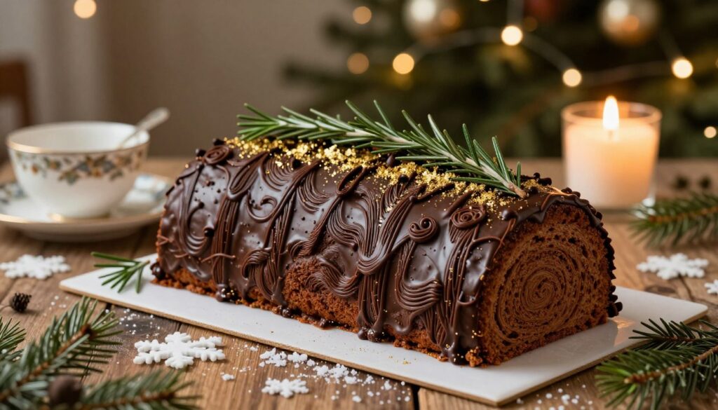 A beautifully prepared Bûche de Noël, or Yule log cake, adorned with intricate chocolate ganache, showcases the traditional French dessert. The foreground highlights the cake's rich, textured surface, with delicate swirls evoking the bark of a tree. Festive accents such as sprigs of fresh rosemary and edible gold dust glimmer under soft, warm candlelight. In the middle, a rustic wooden table is set with vintage china and a few scattered sugar snowflakes, enhancing the seasonal charm. The background features a cozy Christmas setting, decorated with twinkling fairy lights and evergreen branches, creating an inviting atmosphere. The composition is captured with a shallow depth of field, focusing on the cake while the warm lights create a soft bokeh effect, evoking a sense of holiday warmth and indulgence.
