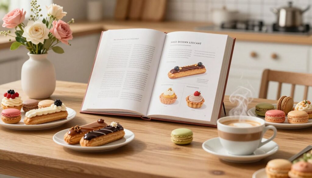 A beautifully styled French pastry cookbook prominently displayed on an elegant wooden table, surrounded by an array of colorful and delicious French pastries like éclairs, macarons, and tarts. In the foreground, a steaming cup of café au lait adds a warm touch, while fresh flowers in a delicate vase provide charm. The middle ground should feature an open cookbook, showcasing a page with a detailed recipe illustration, inviting readers to explore. The background is softly blurred, hinting at a cozy kitchen with soft, warm lighting that evokes a welcoming atmosphere. The scene is composed from a slightly elevated angle to capture all elements harmoniously, suggesting creativity and lighthearted elegance perfect for hosting a pastry party.