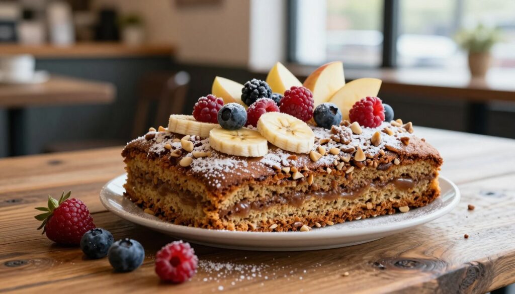 A beautifully styled Nutty Cinnamon Coffee Cake placed on a rustic wooden table, garnished with an assortment of fresh fruits like berries, banana slices, and apple wedges. The warm, golden-brown cake is adorned with a light dusting of powdered sugar and sprinkled with chopped nuts on top, creating a rich texture. In the background, a softly blurred café setting with natural light filtering through window panes enhances the cozy atmosphere. The scene is captured from a slightly elevated angle, highlighting the layers of the cake and the vibrant colors of the fruits. The mood is warm and inviting, evoking a sense of comfort and homey delight, perfect for a morning treat. A beautifully styled Nutty Cinnamon Coffee Cake placed on a rustic wooden table, garnished with an assortment of fresh fruits like berries, banana slices, and apple wedges. The warm, golden-brown cake is adorned with a light dusting of powdered sugar and sprinkled with chopped nuts on top, creating a rich texture. In the background, a softly blurred café setting with natural light filtering through window panes enhances the cozy atmosphere. The scene is captured from a slightly elevated angle, highlighting the layers of the cake and the vibrant colors of the fruits. The mood is warm and inviting, evoking a sense of comfort and homey delight, perfect for a morning treat.
