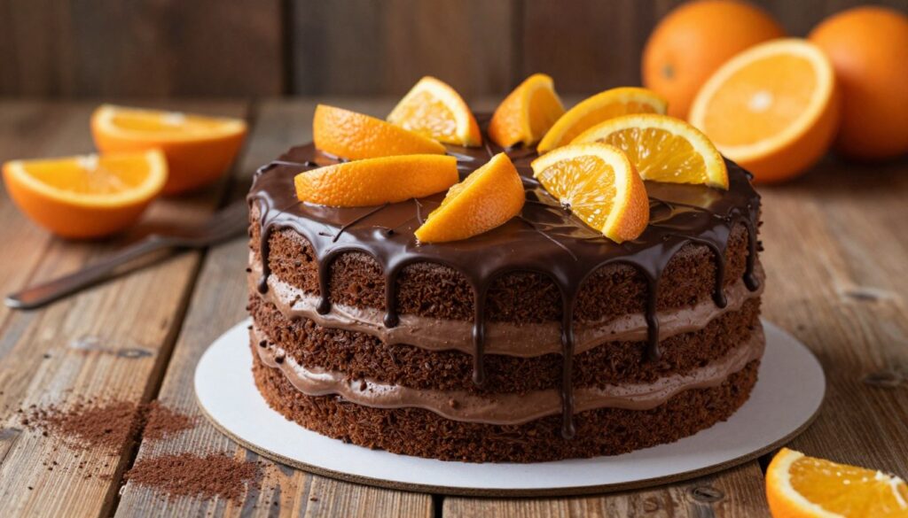 A beautifully styled chocolate orange cake takes center stage, showcasing three decadent layers drizzled with rich chocolate ganache and adorned with glossy orange slices on top. In the foreground, sprinkle of cocoa powder adds a touch of elegance. The middle ground features a rustic wooden table complementing the cake's inviting texture, while a soft-focus background includes hints of orange zest and fresh oranges, enhancing the citrus theme. The scene is illuminated by warm, ambient lighting, creating an inviting atmosphere. The angle captures the cake at a slightly elevated perspective, emphasizing its height and layers while inviting the viewer to indulge. The overall mood is warm and enticing, perfect for an introduction to a delightful dessert.