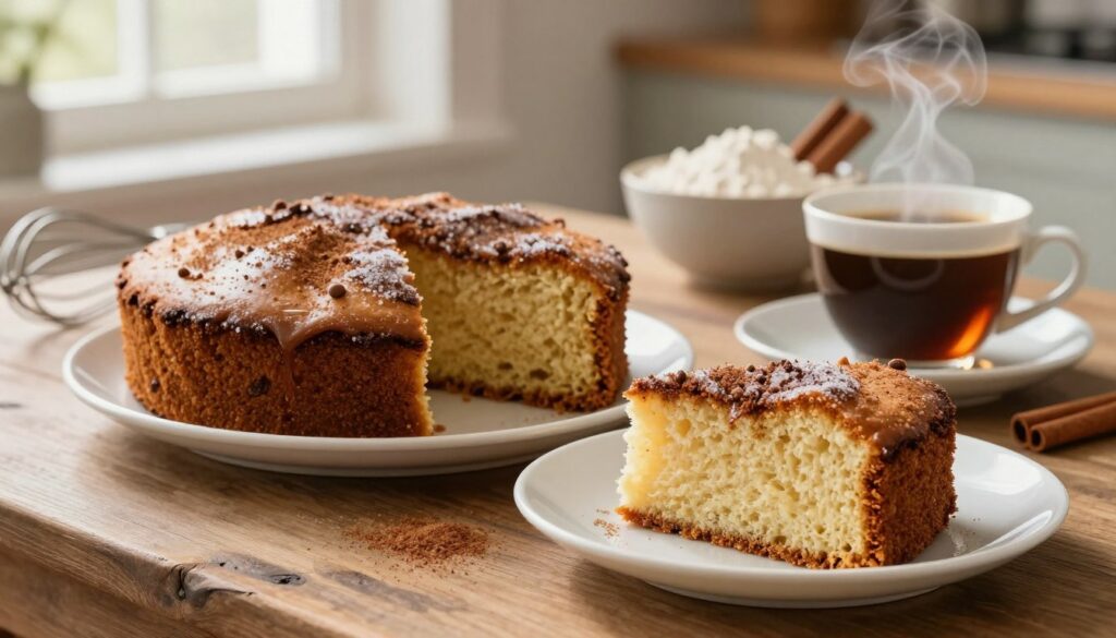 A beautifully styled cinnamon coffee cake sitting on a rustic wooden table. The moist cake, with a golden-brown top, is generously sprinkled with cinnamon and sugar, leaving a tempting glisten. In the foreground, a slice is poised on a delicate white plate, showcasing its soft, fluffy interior. Nearby, a coffee cup filled with steaming, rich coffee reflects warm lighting, enhancing the inviting atmosphere. The background features blurred kitchen elements, such as a vintage-style whisk and a bowl filled with flour and cinnamon sticks, suggesting the baking process. The soft, natural light enters from a nearby window, creating an inviting, cozy morning vibe that feels warm and homey. A beautifully styled cinnamon coffee cake sitting on a rustic wooden table. The moist cake, with a golden-brown top, is generously sprinkled with cinnamon and sugar, leaving a tempting glisten. In the foreground, a slice is poised on a delicate white plate, showcasing its soft, fluffy interior. Nearby, a coffee cup filled with steaming, rich coffee reflects warm lighting, enhancing the inviting atmosphere. The background features blurred kitchen elements, such as a vintage-style whisk and a bowl filled with flour and cinnamon sticks, suggesting the baking process. The soft, natural light enters from a nearby window, creating an inviting, cozy morning vibe that feels warm and homey.