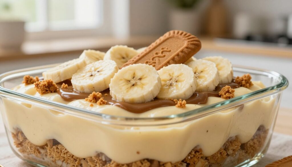 A beautifully styled close-up of a layered Biscoff banana pudding in a clear glass dish. In the foreground, the creamy pudding is artfully layered with slices of ripe bananas, crumbled Biscoff cookies, and a rich Biscoff sauce. The middle layer showcases the smooth texture of the banana pudding, with delicate hints of vanilla against the contrasting golden brown of the cookie crumble. In the background, a softly blurred kitchen setting creates a warm and inviting atmosphere, with natural light streaming in from a nearby window, highlighting the pudding's creamy finish. The overall mood is cozy and indulgent, inviting viewers to savor the deliciousness of this dessert. A beautifully styled close-up of a layered Biscoff banana pudding in a clear glass dish. In the foreground, the creamy pudding is artfully layered with slices of ripe bananas, crumbled Biscoff cookies, and a rich Biscoff sauce. The middle layer showcases the smooth texture of the banana pudding, with delicate hints of vanilla against the contrasting golden brown of the cookie crumble. In the background, a softly blurred kitchen setting creates a warm and inviting atmosphere, with natural light streaming in from a nearby window, highlighting the pudding's creamy finish. The overall mood is cozy and indulgent, inviting viewers to savor the deliciousness of this dessert.