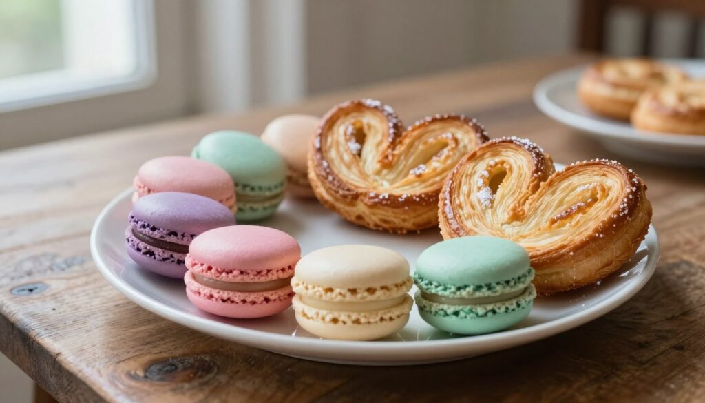 A beautifully styled display of iconic French pastries, featuring an assortment of colorful macarons in pastel hues like pink, lavender, and mint green arranged elegantly on a delicate porcelain plate. Beside them, flaky palmiers fresh from the oven, their golden-brown layers glistening with a light dusting of sugar. In the background, a rustic wooden table adds a warm touch, complemented by soft, natural lighting filtering through a nearby window, which creates a cozy ambiance. Capture this scene with a shallow depth of field to emphasize the desserts while softly blurring the background. The overall atmosphere should be inviting and reminiscent of a classic French patisserie, evoking a sense of indulgence and love for French culinary art.