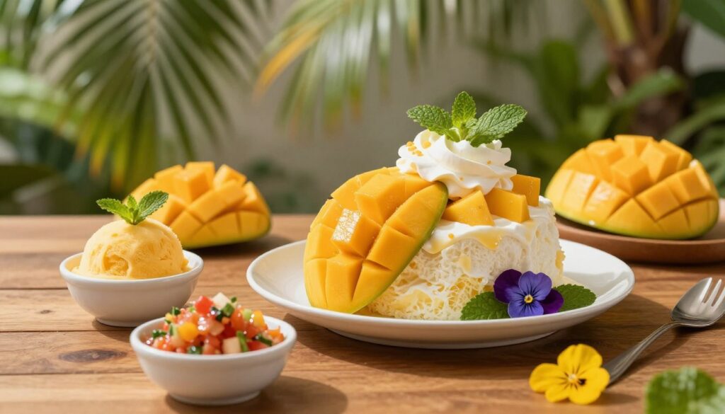 A beautifully styled tropical mango dessert display on a wooden table, featuring a sliced mango cake adorned with fresh mango slices and a dollop of whipped cream. Surrounding the cake, include small bowls of mango sorbet, mango salsa, and garnishes like mint leaves and edible flowers for color. In the background, a soft-focus tropical setting with palm leaves and hints of lush greenery to enhance the tropical vibe. The scene is illuminated by warm, natural lighting creating an inviting atmosphere, shot from a slightly elevated angle to showcase the depth and layers of the dessert. Aim for a vibrant yet serene mood, appealing to dessert lovers seeking refreshing serving ideas.