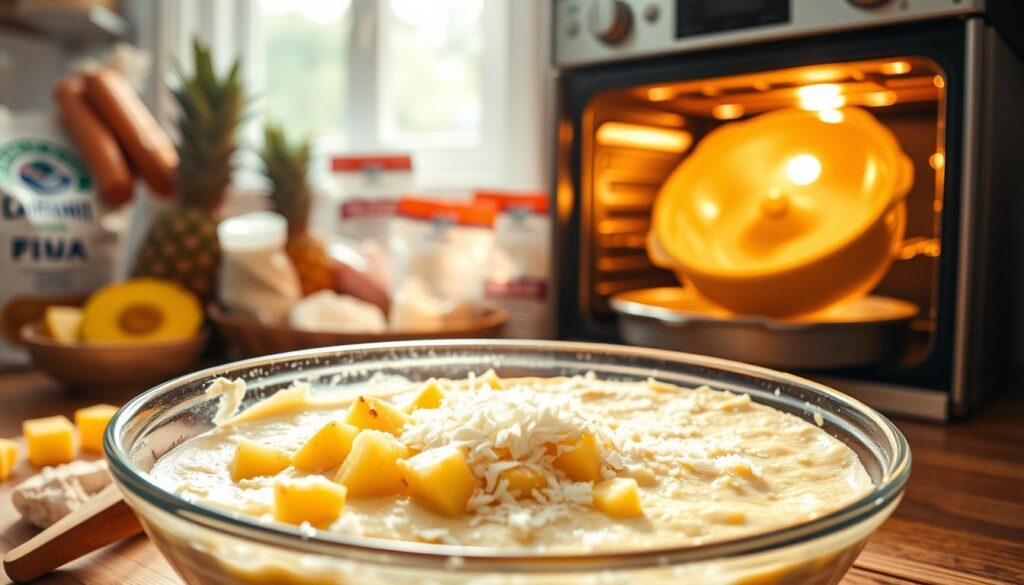 A bright kitchen scene showcasing the baking process of a pineapple and coconut cake. In the foreground, a clear glass mixing bowl filled with a creamy cake batter, golden pineapple chunks, and shredded coconut, with a wooden spoon resting beside it. The middle ground features the cake being carefully poured into a round, lightly greased baking pan, surrounded by vibrant ingredients like fresh pineapples and bags of flour. In the background, an oven with the door slightly ajar emanating warm light, casting a soft glow across the room. Natural sunlight streams through a window, illuminating the scene with a cheerful ambiance. Capture the rich textures and colors, reflecting a joyful and relaxed baking atmosphere, with an emphasis on the details and the cake’s moist perfection. A bright kitchen scene showcasing the baking process of a pineapple and coconut cake. In the foreground, a clear glass mixing bowl filled with a creamy cake batter, golden pineapple chunks, and shredded coconut, with a wooden spoon resting beside it. The middle ground features the cake being carefully poured into a round, lightly greased baking pan, surrounded by vibrant ingredients like fresh pineapples and bags of flour. In the background, an oven with the door slightly ajar emanating warm light, casting a soft glow across the room. Natural sunlight streams through a window, illuminating the scene with a cheerful ambiance. Capture the rich textures and colors, reflecting a joyful and relaxed baking atmosphere, with an emphasis on the details and the cake’s moist perfection.