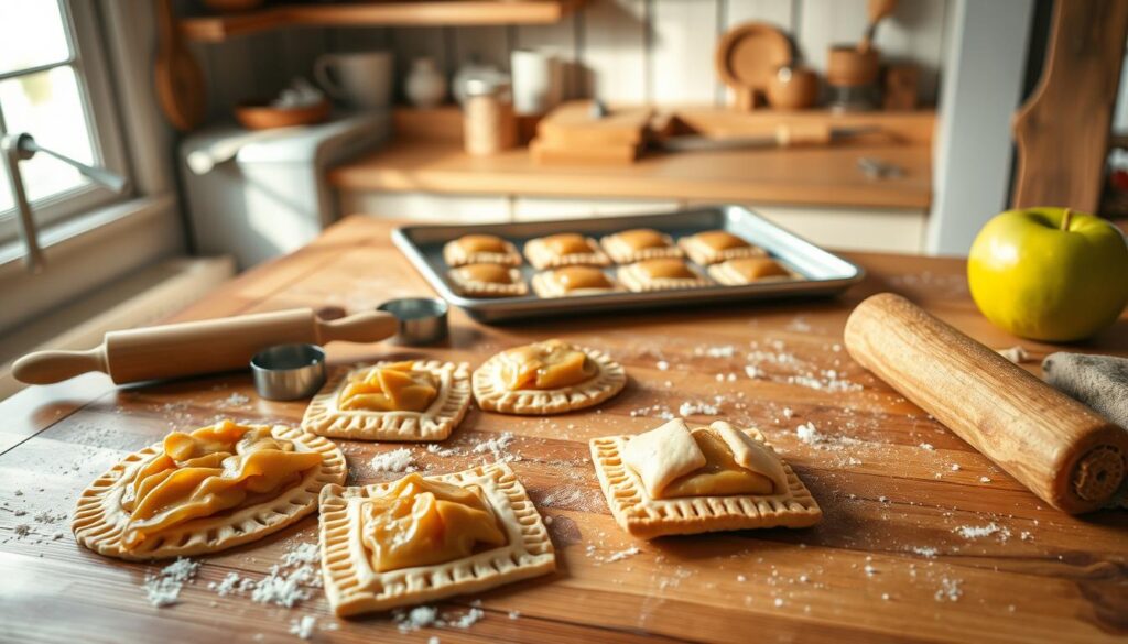 A charming kitchen scene highlighting the baking techniques for apple pop tarts. In the foreground, a wooden countertop is adorned with freshly made apple filling and rolled-out dough, showcasing intricate folding techniques. A rolling pin and cookie cutters are strategically placed, emphasizing the hands-on process of preparing the pastries. In the middle ground, a baking sheet with golden-brown pop tarts, some glazed with a shiny icing, is displayed, capturing the warmth of freshly baked goodies. The background features warm, soft lighting that creates an inviting atmosphere, with rustic kitchenware on shelves and a window letting in sunlight. The angle is slightly overhead, providing a comprehensive view while maintaining a cozy feel, illustrating the joy of baking and the artistry behind achieving that perfect golden finish. A charming kitchen scene highlighting the baking techniques for apple pop tarts. In the foreground, a wooden countertop is adorned with freshly made apple filling and rolled-out dough, showcasing intricate folding techniques. A rolling pin and cookie cutters are strategically placed, emphasizing the hands-on process of preparing the pastries. In the middle ground, a baking sheet with golden-brown pop tarts, some glazed with a shiny icing, is displayed, capturing the warmth of freshly baked goodies. The background features warm, soft lighting that creates an inviting atmosphere, with rustic kitchenware on shelves and a window letting in sunlight. The angle is slightly overhead, providing a comprehensive view while maintaining a cozy feel, illustrating the joy of baking and the artistry behind achieving that perfect golden finish.