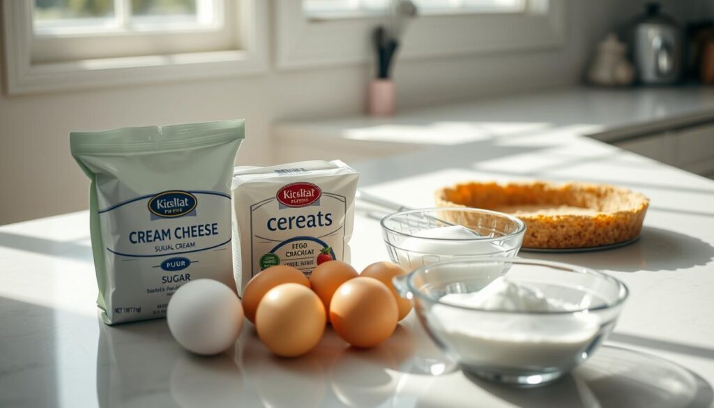 A clean, bright kitchen countertop is set up with an array of room temperature cheesecake ingredients. In the foreground, there are packages of cream cheese, eggs, and sour cream, artfully arranged alongside a bowl of sugar. A measuring cup and a whisk are placed nearby, while a graham cracker crust is partially visible in the middle ground. The background features soft, natural lighting streaming in through a window, casting gentle shadows, which creates a warm and inviting atmosphere. The scene is captured from a slightly elevated angle, emphasizing the ingredients' textures and the shiny surfaces of the bowls. The overall feeling is one of preparation and creativity in a cozy home kitchen.