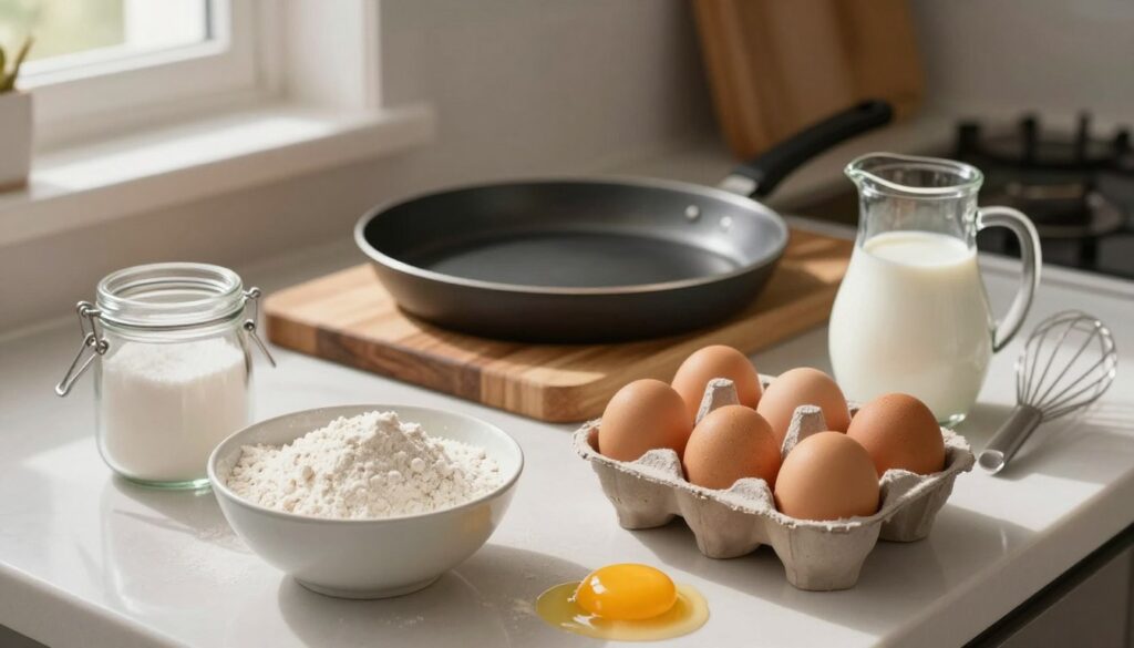 A clean, inviting kitchen countertop filled with essential ingredients for making French crepes. In the foreground, a delicate bowl of smooth flour sits next to a rustic glass jar of sugar. A fresh carton of eggs, with a few cracked open, reveals bright yellow yolks. A small pitcher of milk glistens, with a kitchen whisk beside it. In the middle ground, a lightly used crepe pan rests on a wooden cutting board, with a spatula nearby. The background features soft, warm lighting filtering through a window, casting gentle shadows that enhance the cozy atmosphere. The overall mood is inviting and homey, perfect for showcasing the simplicity and elegance of French cooking.