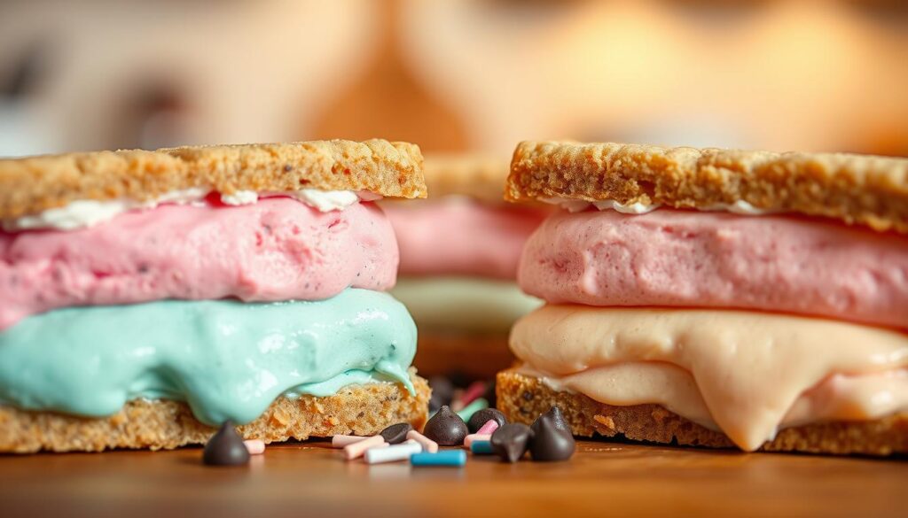 A close-up image of delicious ice cream sandwiches, featuring vibrant layers of colorful ice cream sandwiched between two perfectly baked Pop Tart halves. In the foreground, the sandwiches are arranged artistically, showcasing their creamy textures and bright, appetizing colors. The ice cream is slightly melting, adding a glossy sheen and tempting appearance. In the middle, a few sprinkles and chocolate chips are artistically scattered around the sandwiches, enhancing the dessert's visual appeal. The background is softly blurred, with hints of a kitchen setting and warm, inviting lighting that evokes a cozy atmosphere. The overall mood is cheerful and indulgent, perfect for highlighting the delightful experience of this sweet treat.