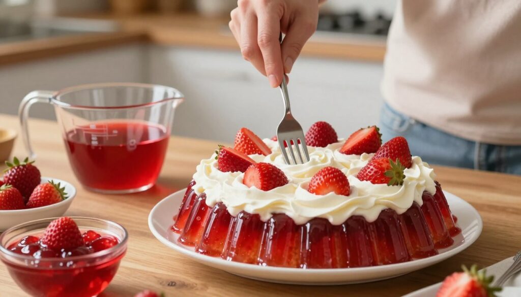A close-up view of a baking scene, showcasing a delicious Jello poke cake on a wooden kitchen table. The cake, frosted with whipped cream and topped with fresh strawberries, has an inviting appearance. In the foreground, a hand, wearing modest casual attire, holds a fork, visually demonstrating the technique of poking holes into the cake with precision. Surrounding the cake are small bowls of vibrant red strawberry Jell-O and a measuring cup filled with the prepared liquid, ready to be infused into the cake. The background features warm kitchen lighting, giving a cozy, homely atmosphere. The focus is sharp on the cake and the poking action, with a soft blur effect on the background elements, emphasizing the delicious dessert preparation.