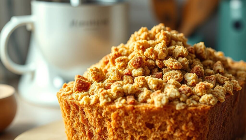 A close-up view of a bowl of brown sugar crumb topping, freshly made and glistening, sitting atop a slice of moist applesauce bread. The crumb topping features a rich, golden-brown color with hints of cinnamon and nutmeg, contrasting with the soft, light-brown bread texture beneath. In the background, blurred kitchen elements like a mixer and measuring cups evoke a homely baking atmosphere. Soft, warm lighting illuminates the scene, casting gentle shadows that highlight the crumb topping's texture. The image captures a cozy and inviting mood, suggesting the comfort of homemade baking. A shallow depth of field accentuates the foreground elements, drawing attention to the delicious details of the topping and the bread.