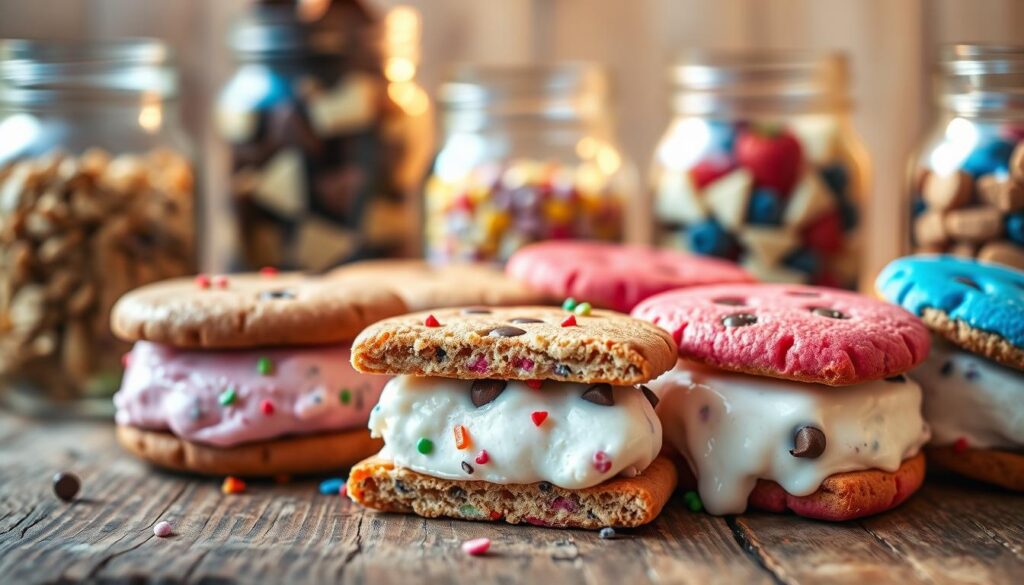 A close-up view of a colorful assortment of ice cream sandwiches arranged on a rustic wooden table. Each sandwich features vibrant Pop Tart cookies with various flavors such as strawberry, chocolate, and blueberry, filled with creamy ice cream in between. The ice cream has a soft, melting texture, showing hints of sprinkles and chocolate chips. In the background, there are jars filled with colorful toppings like crushed nuts, chocolate syrup, and fresh fruits, softly blurred to emphasize the sandwiches in the foreground. The lighting is warm and inviting, casting a gentle glow that enhances the sweetness of the scene, evoking a fun and creative atmosphere. Use a slightly shallow depth of field to focus on the delicious details while providing an appealing, cozy vibe for an indulgent summer treat.