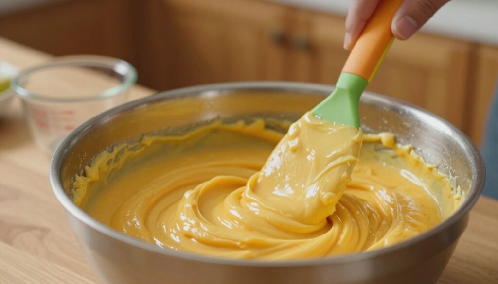 A close-up view of a mixing bowl filled with vibrant, creamy mango cake batter being swirled with a spatula, highlighting the rich yellow-orange color and smooth texture. The foreground features the shiny bowl and a colorful spatula, while in the middle, the blurred elements of a wooden countertop and measuring cups can be seen, indicating a cozy kitchen setting. The background showcases soft focus on wooden cabinets and warm lighting that creates a homely atmosphere, evoking a sense of warmth and delicious anticipation. The overall mood is inviting and cheerful, capturing the essence of home baking.