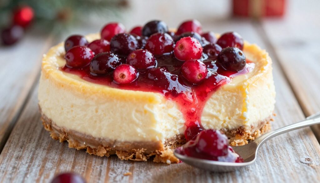 A close-up view of a rich, creamy cheesecake topped with a vibrant, glossy cranberry sauce, glistening under soft, diffused natural light. The cheesecake sits on a rustic wooden table with subtle texture, enhancing its homemade feel. In the foreground, a spoon rests next to the cheesecake, slightly dipped into the tangy topping, highlighting the shiny cranberries atop the cake. The background softly blurs, featuring gentle hints of holiday decorations without distraction, creating a warm and inviting atmosphere. The lighting enhances the freshness of the cranberries, making the sauce look irresistible and luscious, perfect for a festive dessert. The overall mood is cozy and inviting, ideal for showcasing a delicious dessert. A close-up view of a rich, creamy cheesecake topped with a vibrant, glossy cranberry sauce, glistening under soft, diffused natural light. The cheesecake sits on a rustic wooden table with subtle texture, enhancing its homemade feel. In the foreground, a spoon rests next to the cheesecake, slightly dipped into the tangy topping, highlighting the shiny cranberries atop the cake. The background softly blurs, featuring gentle hints of holiday decorations without distraction, creating a warm and inviting atmosphere. The lighting enhances the freshness of the cranberries, making the sauce look irresistible and luscious, perfect for a festive dessert. The overall mood is cozy and inviting, ideal for showcasing a delicious dessert.