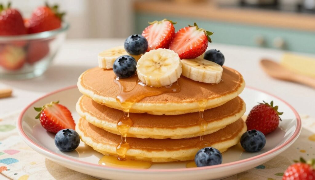 A close-up view of a stack of fluffy, golden-brown baby pancakes, perfectly round and thick, placed on a colorful child-friendly plate. The pancakes are topped with fresh, vibrant fruits such as sliced bananas, blueberries, and strawberries for added nutrition. Drizzle of pure maple syrup glistens on the pancakes, enhancing their appeal. In the background, softly blurred, there are cheerful kitchen elements like a fruit bowl and a playful tablecloth to create a warm, inviting atmosphere. The lighting is bright and natural, simulating a sunny kitchen environment, casting light shadows that highlight the textures of the pancakes. The composition captures a wholesome, nutritious vibe, ideal for promoting healthy eating for little ones. A close-up view of a stack of fluffy, golden-brown baby pancakes, perfectly round and thick, placed on a colorful child-friendly plate. The pancakes are topped with fresh, vibrant fruits such as sliced bananas, blueberries, and strawberries for added nutrition. Drizzle of pure maple syrup glistens on the pancakes, enhancing their appeal. In the background, softly blurred, there are cheerful kitchen elements like a fruit bowl and a playful tablecloth to create a warm, inviting atmosphere. The lighting is bright and natural, simulating a sunny kitchen environment, casting light shadows that highlight the textures of the pancakes. The composition captures a wholesome, nutritious vibe, ideal for promoting healthy eating for little ones.