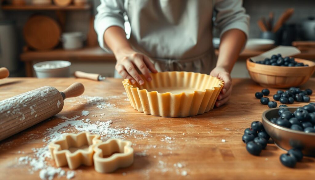 A close-up view of a wooden countertop where a skilled baker is expertly crafting tart shells for sweet desserts. In the foreground, there's a rolling pin dusted with flour, a bowl of dough with buttery textures, and cookie cutters in various shapes. In the middle, the baker, wearing a neat apron and modest clothing, is gently pressing the dough into a fluted tart pan, showcasing the intricate details of the shell. The background features a softly lit kitchen with baking tools and fresh blueberries arranged artfully, creating a warm and inviting atmosphere. The lighting is natural, streaming in from a window, emphasizing the rustic charm and culinary artistry. The overall mood is cozy and creative, capturing the essence of making the perfect tart shell.
