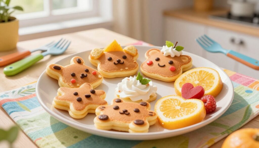 A colorful breakfast scene featuring fun pancake shapes designed for kids, arranged playfully on a bright, cheerful plate. In the foreground, pancakes shaped like animals, stars, and hearts are adorned with vibrant fruit slices, chocolate chips, and whipped cream. The middle ground includes a cheerful, sunny kitchen setting with a colorful tablecloth and child-friendly utensils. Soft morning light streams through a window, creating a warm, inviting atmosphere. A slight overhead angle captures the delightful arrangement, making it visually appealing. The mood is joyful and whimsical, perfect for special occasions. No human subjects are included in the image, ensuring a focus on the pancake display.