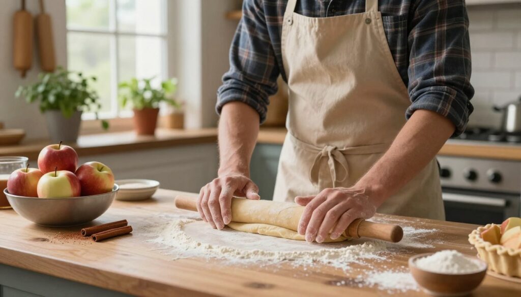 A cozy kitchen scene depicting the art of mastering chilled dough for a pie crust. In the foreground, a wooden countertop is dusted with flour, showcasing a well-crafted pie crust being gently rolled out with a wooden pin. A bowl of fresh apples, cinnamon, and sugar sits nearby, hinting at the upcoming apple slab pie. In the middle, a baker dressed in a plaid shirt and apron kneads the dough with care, exuding a sense of warmth and expertise. The background features soft, natural light streaming through a window, illuminating rustic kitchen decor—fresh herbs in pots and rolling pins hanging on the wall. The atmosphere conveys a warm, inviting vibe of home baking, with rich colors and a focus on the tactile nature of working with dough.