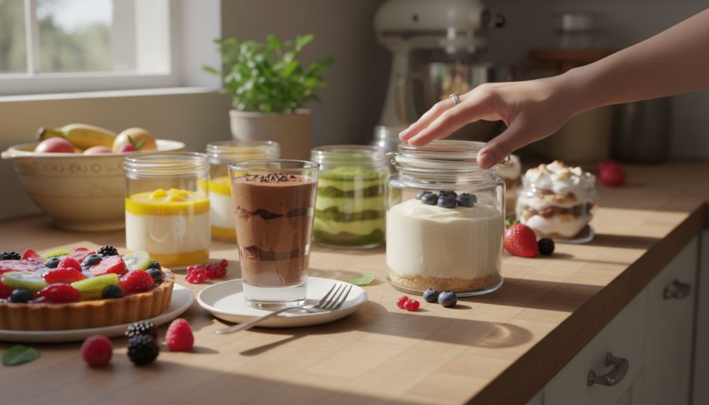 A cozy kitchen scene featuring a beautifully organized countertop with an array of colorful no-bake desserts arranged in airtight glass containers. The foreground showcases a vibrant fruit tart and layered chocolate mousse, elegantly displayed with a small plate and fork beside them. In the middle, a hand gently closes a clear container filled with a creamy cheesecake, while a scattering of fresh berries adds a touch of color. The background reveals a warm, inviting kitchen with soft, natural sunlight streaming through a window, casting gentle shadows. The overall mood is warm and inviting, suggesting freshness and homemade goodness. The angle captures the countertop at a slight tilt, providing depth and focus on the desserts, ensuring a bright and pleasing aesthetic. A cozy kitchen scene featuring a beautifully organized countertop with an array of colorful no-bake desserts arranged in airtight glass containers. The foreground showcases a vibrant fruit tart and layered chocolate mousse, elegantly displayed with a small plate and fork beside them. In the middle, a hand gently closes a clear container filled with a creamy cheesecake, while a scattering of fresh berries adds a touch of color. The background reveals a warm, inviting kitchen with soft, natural sunlight streaming through a window, casting gentle shadows. The overall mood is warm and inviting, suggesting freshness and homemade goodness. The angle captures the countertop at a slight tilt, providing depth and focus on the desserts, ensuring a bright and pleasing aesthetic.