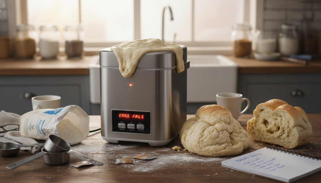 A cozy kitchen scene featuring a countertop bread machine, showcasing a variety of common bread issues like dough overflows and poorly risen loaves. In the foreground, a close-up of the bread machine's display panel with blinking indicators, surrounded by measuring cups and flour scattered nearby. The middle ground features a loaf of bread partially sliced, revealing uneven holes and a dense texture, along with a notepad listing troubleshooting tips. In the background, soft, warm lighting filters through a window, illuminating the shelves stocked with baking ingredients. The atmosphere is warm and inviting, depicting an approachable, homey setting for avid bakers seeking solutions to common bread baking problems. A cozy kitchen scene featuring a countertop bread machine, showcasing a variety of common bread issues like dough overflows and poorly risen loaves. In the foreground, a close-up of the bread machine's display panel with blinking indicators, surrounded by measuring cups and flour scattered nearby. The middle ground features a loaf of bread partially sliced, revealing uneven holes and a dense texture, along with a notepad listing troubleshooting tips. In the background, soft, warm lighting filters through a window, illuminating the shelves stocked with baking ingredients. The atmosphere is warm and inviting, depicting an approachable, homey setting for avid bakers seeking solutions to common bread baking problems.