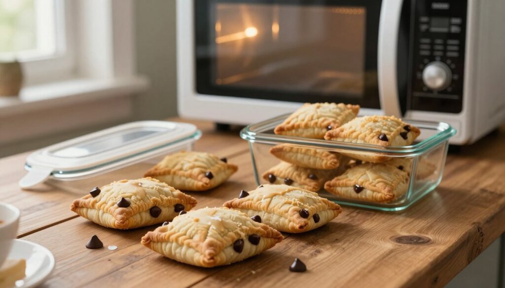 A cozy kitchen scene featuring a plate of chocolate chip Pop-Tarts, some slightly warmed, arranged invitingly on a rustic wooden table. In the foreground, a couple of Pop-Tarts with melted chocolate chips glistening on top evoke a sense of warmth. In the middle, a glass food storage container with a lid is partially open, showing additional Pop-Tarts neatly stacked inside, ready for storing. A microwave in the background, with a warm glow emanating from within, suggests the reheating process. Soft, natural lighting filters through a nearby window, giving the scene a warm and inviting ambiance. The composition captures the essence of a sweet breakfast, evoking comfort and nostalgia.