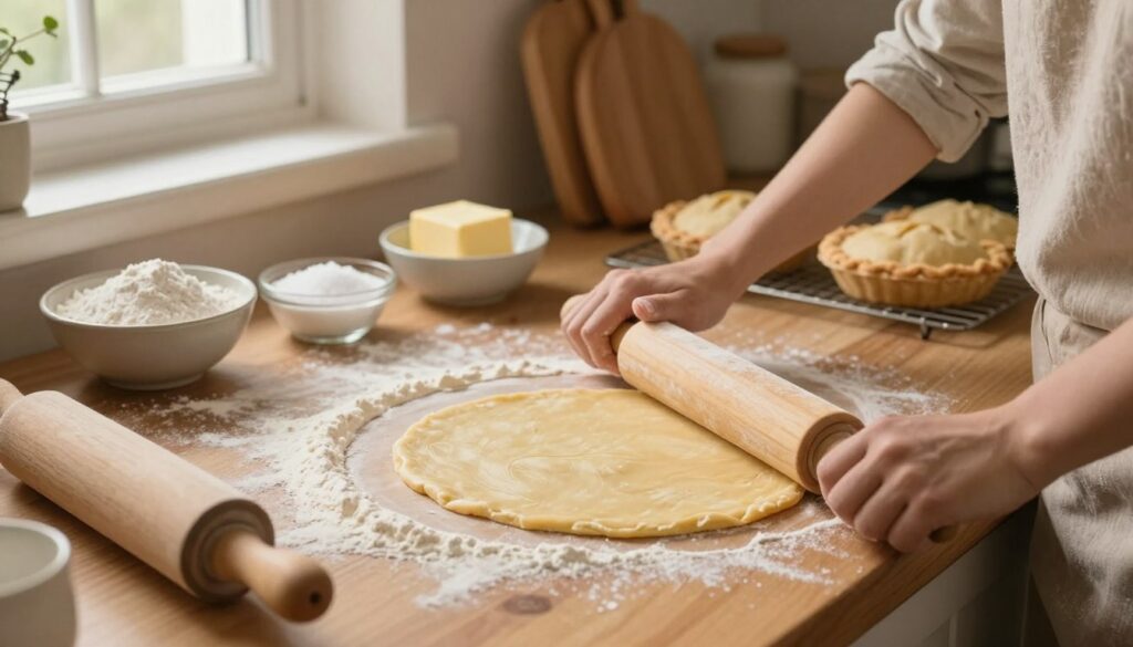 A cozy kitchen scene featuring a wooden countertop dusted with flour, where a person in modest casual clothing is preparing and rolling out pie dough. In the foreground, the focus is on the smooth, golden pie dough being flattened with a rolling pin, showcasing the delicate texture. The middle ground includes bowls of ingredients like flour, salt, and butter, creatively arranged for a homely feel. In the background, there are rustic kitchen utensils and a rolling pin resting beside a few freshly baked hand pies on a cooling rack. Soft, warm lighting filters in through a nearby window, creating a welcoming atmosphere, while a subtle bokeh effect enhances the depth of the image. The overall mood is inviting, filled with the warmth of home baking.