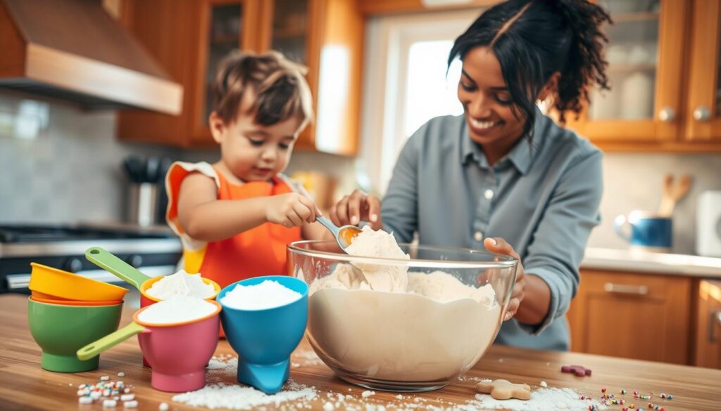 A cozy kitchen scene focused on a child and an adult mixing dough together. In the foreground, a colorful set of measuring cups and spoons filled with flour, sugar, and baking soda. The child, wearing a bright apron, is carefully pouring ingredients into a large mixing bowl, while the adult, in a casual but neat outfit, assists by kneading the dough. The background features warm wooden cabinetry and a window with sunlight streaming in, casting soft, inviting light across the countertop. A few cookie cutouts and sprinkles are scattered nearby, adding a playful touch. The atmosphere is joyful and engaging, capturing the essence of baking together. Shot with a slightly overhead angle to highlight the collaborative effort. A cozy kitchen scene focused on a child and an adult mixing dough together. In the foreground, a colorful set of measuring cups and spoons filled with flour, sugar, and baking soda. The child, wearing a bright apron, is carefully pouring ingredients into a large mixing bowl, while the adult, in a casual but neat outfit, assists by kneading the dough. The background features warm wooden cabinetry and a window with sunlight streaming in, casting soft, inviting light across the countertop. A few cookie cutouts and sprinkles are scattered nearby, adding a playful touch. The atmosphere is joyful and engaging, capturing the essence of baking together. Shot with a slightly overhead angle to highlight the collaborative effort.