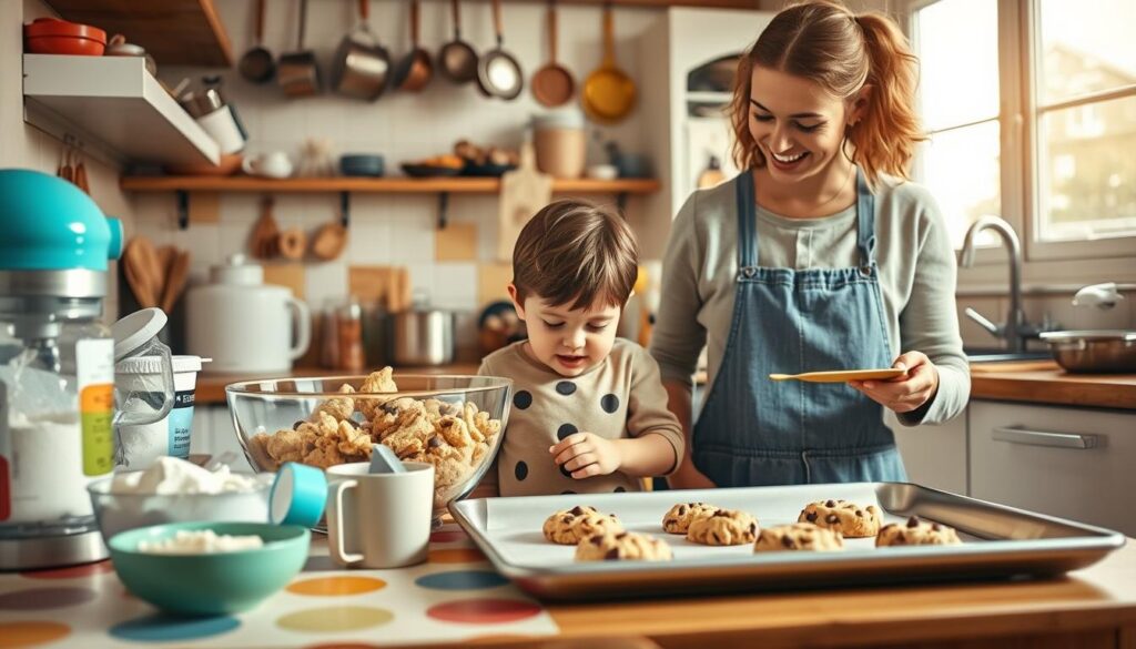 A cozy kitchen scene focused on troubleshooting cookie baking challenges. In the foreground, a colorful, child-friendly kitchen countertop displays various cookie ingredients like flour, sugar, butter, and chocolate chips, with a mixing bowl and measuring cups. In the middle, a child in modest casual clothing curiously inspects a batch of cookie dough, while a parent, also in casual attire, demonstrates the correct cookie spacing on a baking sheet. The background showcases a warm, inviting kitchen with pots hanging, a window letting in soft, natural light, and baking tools neatly arranged. The atmosphere is bright and cheerful, evoking a sense of playful learning and collaboration. The composition has a warm tone, creating a friendly and inspiring mood. A cozy kitchen scene focused on troubleshooting cookie baking challenges. In the foreground, a colorful, child-friendly kitchen countertop displays various cookie ingredients like flour, sugar, butter, and chocolate chips, with a mixing bowl and measuring cups. In the middle, a child in modest casual clothing curiously inspects a batch of cookie dough, while a parent, also in casual attire, demonstrates the correct cookie spacing on a baking sheet. The background showcases a warm, inviting kitchen with pots hanging, a window letting in soft, natural light, and baking tools neatly arranged. The atmosphere is bright and cheerful, evoking a sense of playful learning and collaboration. The composition has a warm tone, creating a friendly and inspiring mood.