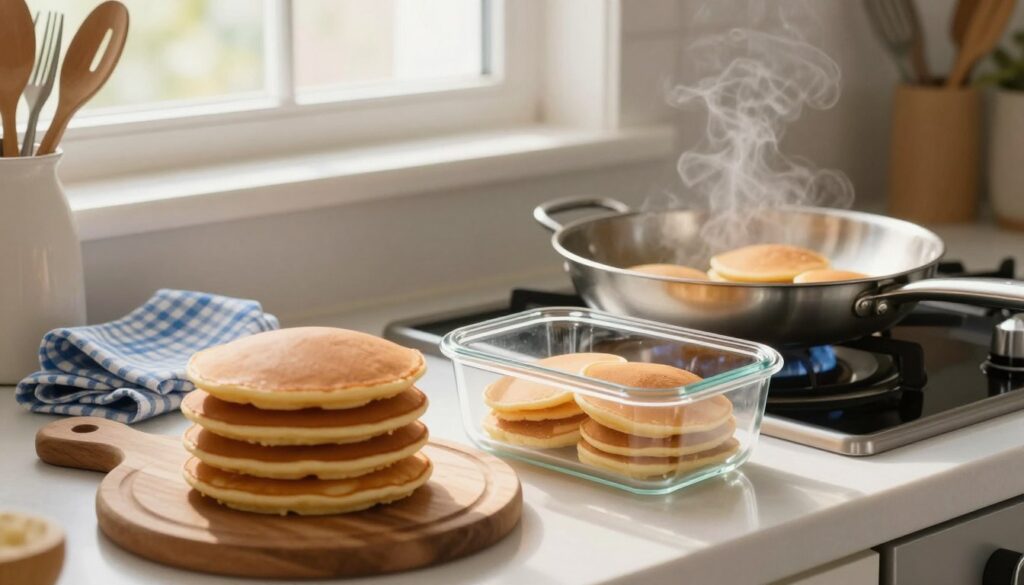 A cozy kitchen scene focusing on leftover pancakes being stored and reheated. In the foreground, a stack of fluffy pancakes is arranged on a round wooden cutting board, next to a glass storage container partially filled with pancakes, showcasing their golden-brown color. A stainless steel skillet sits on a stove, emitting gentle heat, with a few pancakes warming inside. The middle ground features a well-organized kitchen counter with utensils and a soft blue checkered cloth adding a touch of warmth. In the background, a window lets in soft, natural morning light, illuminating the entire scene with a warm glow. The atmosphere is inviting and homey, evoking a sense of comfort in cooking and enjoying meals. The angle is slightly overhead, capturing the details of the pancakes and the kitchen while maintaining a clean, focused composition.