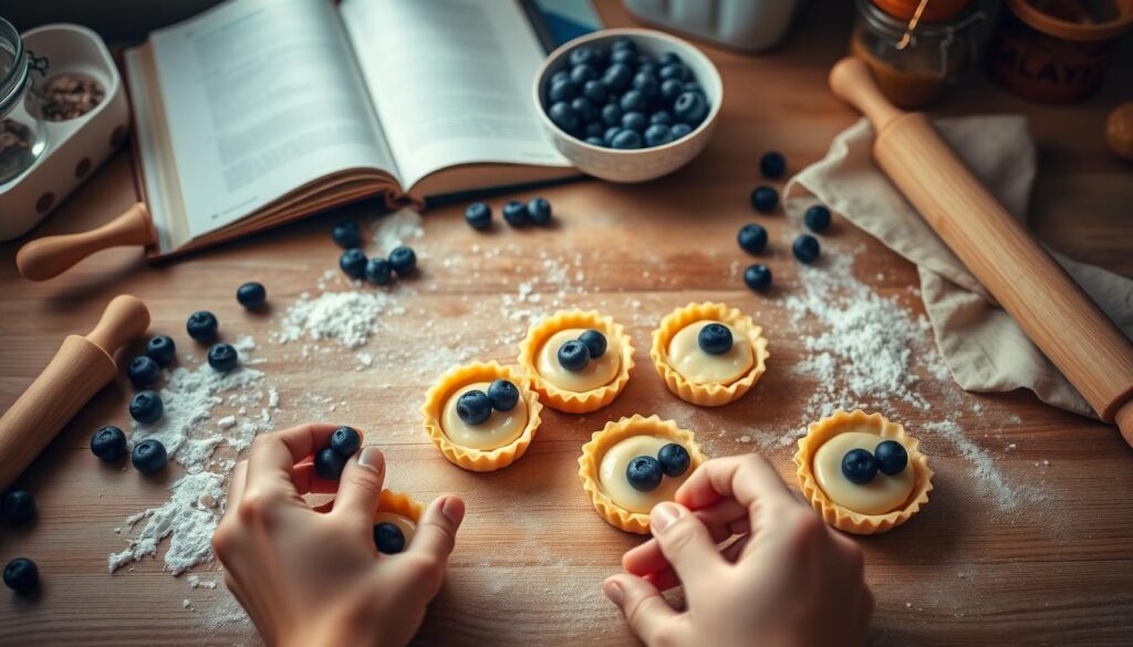 A cozy kitchen scene focusing on the assembly of blueberry mini tartlets. In the foreground, a hands-on approach as two skilled hands gently place fresh blueberries on a creamy filling nestled in delicate golden pastry shells. In the middle, a wooden table with scattered flour, a rolling pin, and a bowl of vibrant blueberries provides context. The background showcases soft kitchen elements, such as an open cookbook featuring a blueberry tart recipe, and softly glowing ambient lighting that evokes warmth and creativity. The angle captures the action from above, emphasizing the art of pastry making. The overall mood is inviting and cheerful, perfect for inspiring home bakers to create these delightful treats.