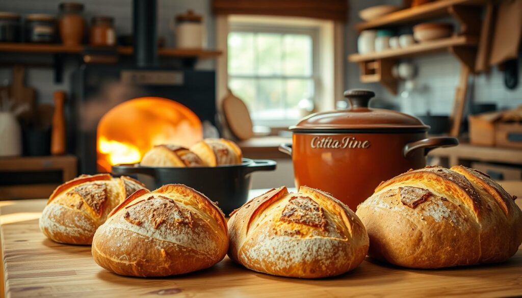 A cozy kitchen scene showcasing alternative baking methods for homemade bread. In the foreground, a wooden countertop displays various loaves of crispy, artisan bread, highlighting their crunchy crusts. A cast iron Dutch oven sits next to a clay baking pot, both slightly open to reveal steaming bread inside. In the middle ground, a rustic oven with a wood-fire glow illuminates the space, suggesting an alternative baking environment. The background features shelves filled with baking tools and ingredients, softly blurred to focus on the foreground elements. Natural sunlight streams through a window, casting warm, inviting light across the scene. The atmosphere feels homely and creative, inspiring a sense of culinary adventure.