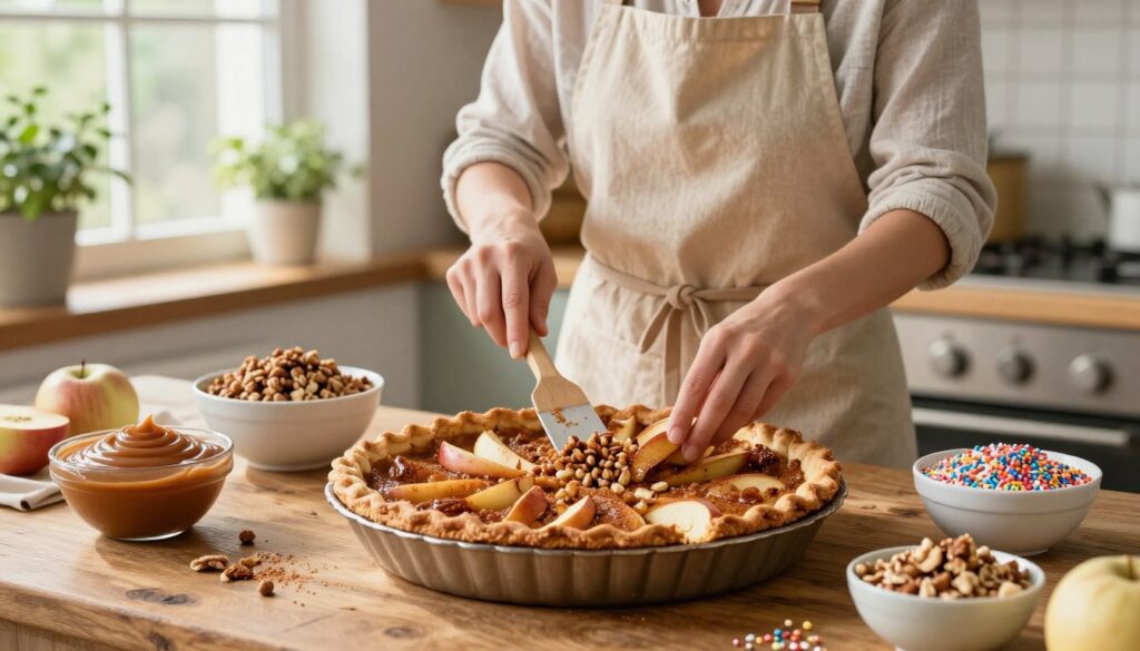 A cozy kitchen scene showcasing the art of customizing apple slab pie variations. In the foreground, a beautifully baked slab pie sits on a rustic wooden table, sliced to reveal a warm, cinnamon-apple filling. Surrounding the pie are bowls filled with vibrant toppings like caramel sauce, chopped nuts, and colorful sprinkles, inviting creativity. In the middle ground, a friendly home cook, wearing a stylish apron and modest casual clothing, joyfully arranges the toppings with a small spatula. In the background, soft, natural light streams through a window adorned with herbs, creating a warm, inviting atmosphere. The focus is on warmth and inspiration, perfect for a cozy homemade dessert.