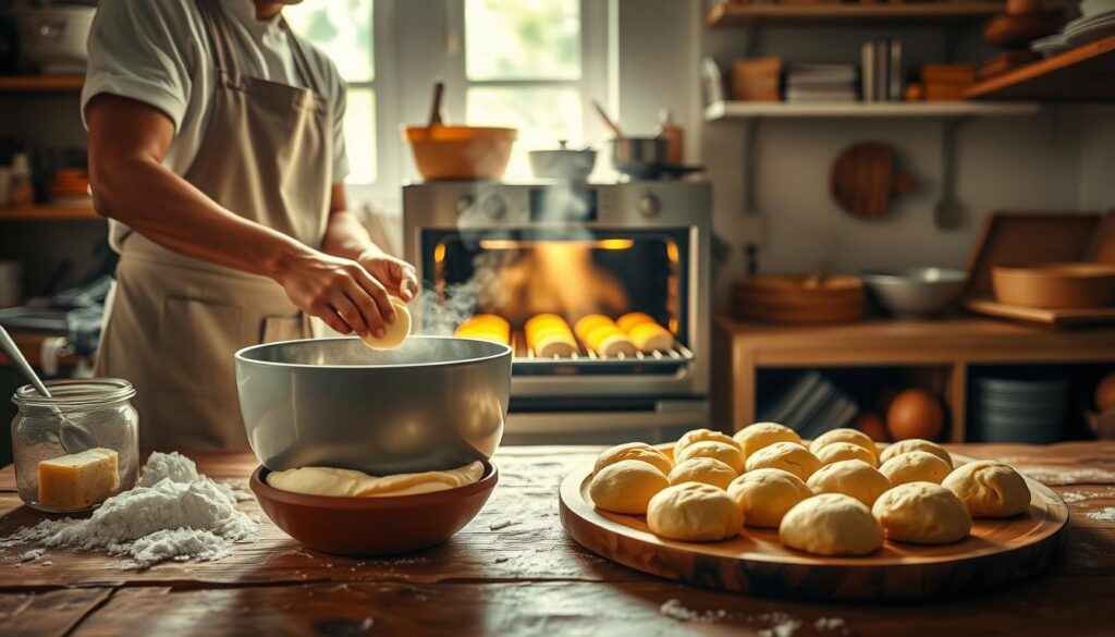 A cozy kitchen scene showcasing the baking process of Brazilian cheese bread. In the foreground, a rustic wooden table holds a large mixing bowl filled with a smooth dough, surrounded by essential ingredients like cheese, tapioca flour, and eggs. A chef in a neat apron carefully shapes the dough into small balls ready for baking. In the middle, an oven displays a tray of golden-brown cheese bread, with steam gently rising, highlighting the warm, inviting atmosphere. The background shows shelves filled with baking tools and cookbooks, while natural light streams through a window, casting a soft glow that enhances the warmth and homely feel of the scene. The overall mood is cheerful and inviting, capturing the joy of baking. A cozy kitchen scene showcasing the baking process of Brazilian cheese bread. In the foreground, a rustic wooden table holds a large mixing bowl filled with a smooth dough, surrounded by essential ingredients like cheese, tapioca flour, and eggs. A chef in a neat apron carefully shapes the dough into small balls ready for baking. In the middle, an oven displays a tray of golden-brown cheese bread, with steam gently rising, highlighting the warm, inviting atmosphere. The background shows shelves filled with baking tools and cookbooks, while natural light streams through a window, casting a soft glow that enhances the warmth and homely feel of the scene. The overall mood is cheerful and inviting, capturing the joy of baking.