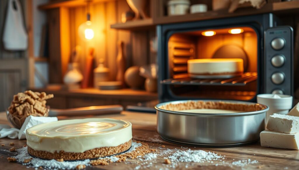 A cozy kitchen scene showcasing the baking process of a cheesecake. In the foreground, a smooth, creamy cheesecake batter sits in a graham cracker crust, filling a round springform pan. Beside it, scattered ingredients like crushed crackers, sugar, and soft cream cheese highlight the preparation stage. In the middle ground, an oven with the door slightly open reveals the cheesecake baking inside, emitting a gentle golden glow from the low heat. The background features rustic wooden shelves lined with baking tools and ingredients, softly lit by warm, natural lighting, creating a welcoming atmosphere. The scene evokes a sense of homey comfort and culinary artistry, emphasizing the "low and slow" baking technique essential for achieving creamy perfection in cheesecake. The angle is slightly overhead, capturing the entire delightful setting.