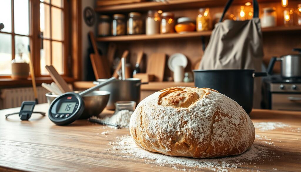 A cozy kitchen setting centered around a wooden table where a baker, dressed in a modest apron and professional attire, is overcoming common bread baking challenges. In the foreground, a close-up of a sourdough loaf with a beautifully baked soft and crispy crust sits next to a digital thermometer and a bowl of flour strewn with a dusting of flour. In the middle ground, various baking tools like a bench scraper, dough scraper, and a Dutch oven are neatly arranged, with a bowl of kneaded dough rising nearby. The background features warm, ambient lighting from a rustic window, illuminating the kitchen shelves filled with jars of ingredients, creating a welcoming atmosphere of creativity and learning.