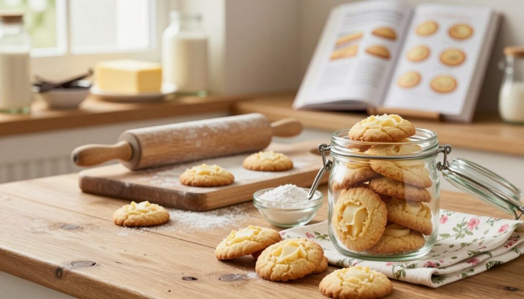 A cozy kitchen setting featuring freshly baked French butter cookies arranged on a rustic wooden table. In the foreground, a clear glass jar filled with cookies, surrounded by a delicate floral napkin and a small bowl of powdered sugar. In the middle, a well-used wooden cutting board with a rolling pin and flour dust, conveying the homemade aspect. The background shows shelves filled with baking ingredients like vanilla pods, butter, and a cookbook open to a cookie recipe page, softly illuminated by warm, natural light streaming in through a window. The scene evokes a warm, inviting atmosphere, ideal for sharing and storing delightful homemade cookies.