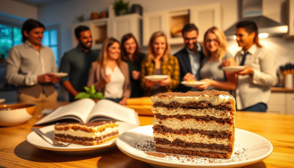 A cozy kitchen setting illuminated by soft, warm lighting, featuring a beautifully plated slice of tiramisu in the foreground. The dessert, layered with rich mascarpone, delicate cocoa, and coffee-soaked ladyfingers, is garnished with a sprinkle of cocoa powder and a mint sprig. In the middle ground, a diverse group of individuals of various ages and ethnicities, dressed in smart casual attire, enthusiastically discussing their experiences with the tiramisu recipe, some holding their plates. The background showcases kitchen elements like a cookbook open to a tiramisu recipe, utensils, and a warm wooden table, creating an inviting atmosphere. The scene conveys a sense of community, warmth, and delight in sharing culinary experiences. A cozy kitchen setting illuminated by soft, warm lighting, featuring a beautifully plated slice of tiramisu in the foreground. The dessert, layered with rich mascarpone, delicate cocoa, and coffee-soaked ladyfingers, is garnished with a sprinkle of cocoa powder and a mint sprig. In the middle ground, a diverse group of individuals of various ages and ethnicities, dressed in smart casual attire, enthusiastically discussing their experiences with the tiramisu recipe, some holding their plates. The background showcases kitchen elements like a cookbook open to a tiramisu recipe, utensils, and a warm wooden table, creating an inviting atmosphere. The scene conveys a sense of community, warmth, and delight in sharing culinary experiences.