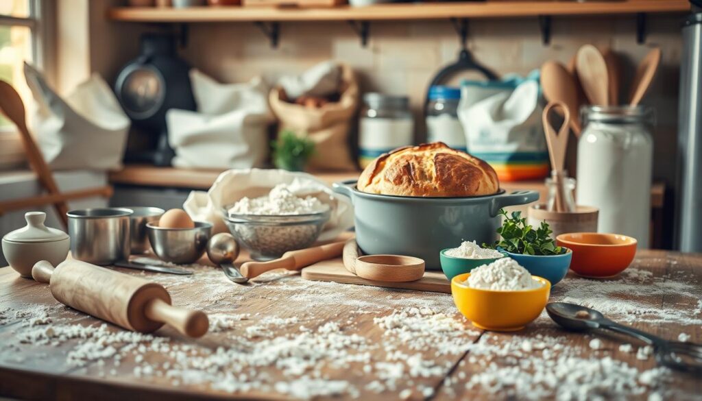 A cozy kitchen setting showcasing essential equipment and ingredients for baking. In the foreground, prominently display a rustic wooden table scattered with flour, a rolling pin, and a variety of baking utensils such as measuring cups and spoons. In the middle, include a Dutch oven with a freshly baked loaf of bread that has a golden-brown crust, surrounded by ingredients like sacks of flour, jars of yeast, and fresh herbs in vibrant bowls. The background features a warm, inviting atmosphere with soft, natural lighting coming through a window, casting gentle shadows. Use a shallow depth of field to keep the focus on the baking items while softly blurring the background, creating a homely and inspiring baking mood.