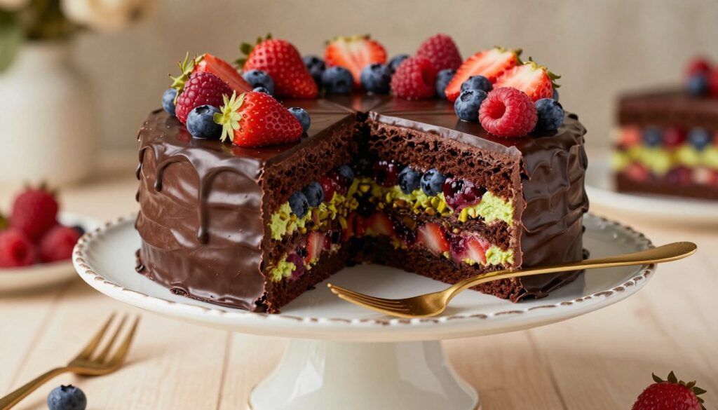 A decadent Easy chocolate dubai berry cake recipe to try today elegantly displayed on a vintage porcelain cake stand. The cake consists of rich, dark chocolate layers interspersed with vibrant layers of fresh berries, including strawberries, blueberries, and raspberries. Delicate pistachio cream layers peek through, adding a touch of green and a contrast to the deep hues of chocolate. In the foreground, a gold fork rests beside a slice of the cake, showcasing the moist texture and colorful filling. The background features soft, warm lighting that highlights the cake's glossy ganache and enhances the inviting atmosphere. A bokeh effect blurs the further background, emphasizing the cake as the focal point. Overall, the image exudes an indulgent yet approachable vibe, enticing viewers to relish in the delightful fusion of flavors.