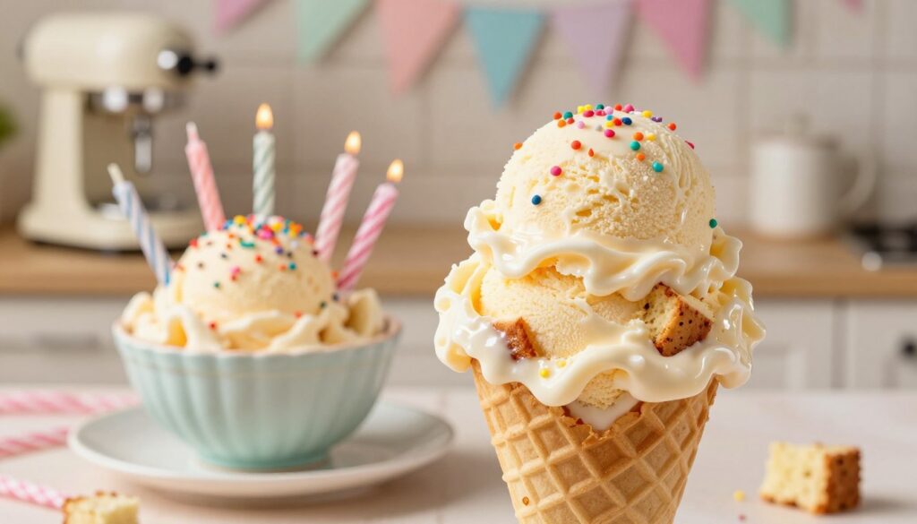 A delectable homemade birthday cake ice cream, artfully swirled with colorful sprinkles and pieces of fluffy cake. In the foreground, a generous scoop of the ice cream sits in a cone, glistening with a glossy sheen, while the cake pieces peek through the creamy texture. The middle features a bowl overflowing with ice cream and surrounded by more bright sprinkles and an assortment of birthday candles. In the background, a softly lit kitchen setting includes a vintage ice cream maker and pastel-colored party decorations, evoking a festive atmosphere. The lighting is warm and inviting, creating a cozy feel, while the scene is captured with a shallow depth of field to emphasize the ice cream.