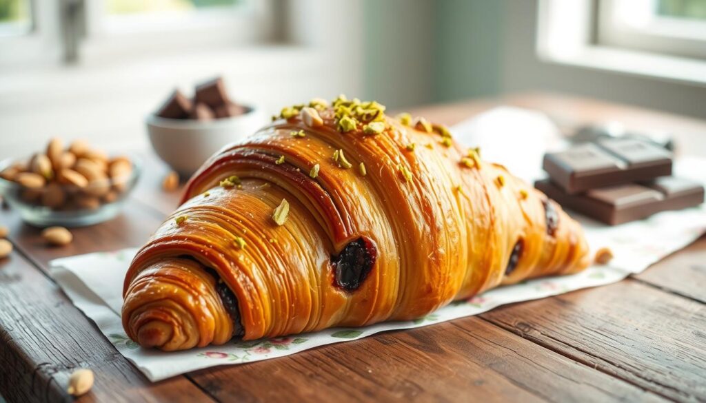 A delicious pistachio chocolate croissant, freshly baked and slightly flaky, lying on a rustic wooden table. The croissant is beautifully golden-brown with visible chunks of dark chocolate melting slightly from the warmth, and sprinkled with crushed green pistachios on top for a vibrant contrast. In the background, soft, diffused natural light filters through a window, casting gentle shadows and highlighting the croissant's buttery layers. A pastel-colored floral napkin complements the setting, along with a small bowl of whole pistachios and a block of dark chocolate nearby as visual elements of the essential ingredients. The atmosphere feels warm and inviting, evoking the comfort of home baking, captured in a close-up shot with a shallow depth of field to emphasize the croissant's textures and colors.