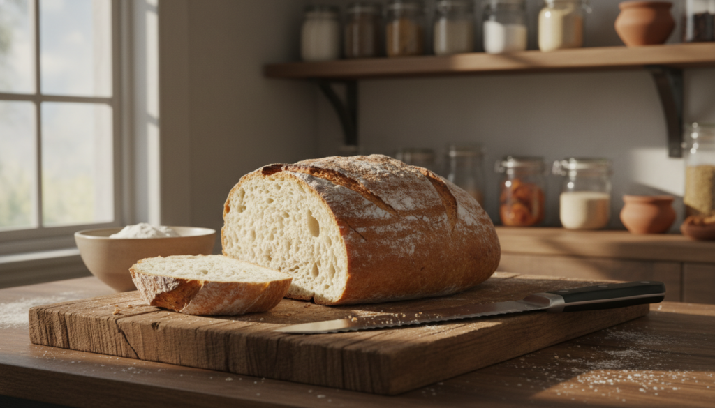 A freshly baked loaf of classic white bread, cooling on a rustic wooden cutting board, with a soft golden-brown crust and a fluffy, airy interior visible. In the foreground, a serrated bread knife rests beside the loaf, glistening gently under warm, soft daylight streaming from a nearby window. The middle background features a few scattered flour dustings and a bowl of flour, conveying a homely baking atmosphere. The kitchen shelves display jars of various baking ingredients, adding to the comfort of the scene. This inviting setup evokes the warmth and simplicity of homemade bread, with a focus on the bread's texture and enticing crust, illuminated by natural light to enhance its delicious appeal. A freshly baked loaf of classic white bread, cooling on a rustic wooden cutting board, with a soft golden-brown crust and a fluffy, airy interior visible. In the foreground, a serrated bread knife rests beside the loaf, glistening gently under warm, soft daylight streaming from a nearby window. The middle background features a few scattered flour dustings and a bowl of flour, conveying a homely baking atmosphere. The kitchen shelves display jars of various baking ingredients, adding to the comfort of the scene. This inviting setup evokes the warmth and simplicity of homemade bread, with a focus on the bread's texture and enticing crust, illuminated by natural light to enhance its delicious appeal.