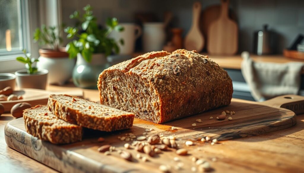 A freshly baked loaf of flourless bread sits on a rustic wooden cutting board, showcasing its dense, textured crust and moist interior, with a few slices artfully arranged beside it. The bread is surrounded by scattered raw ingredients like nuts and seeds, hinting at its wholesome nature. In the background, a softly lit kitchen scene conveys warmth and homeliness, decorated with potted herbs and baking utensils. Natural light streams in through a nearby window, casting gentle shadows that enhance the inviting atmosphere. Capture the scene with a slightly overhead angle, emphasizing the bread's inviting surface and natural colors, while conveying a mood of comfort and simplicity.