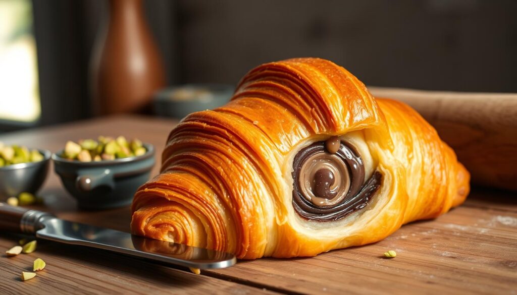 A freshly baked pistachio chocolate croissant, perfectly golden-brown with a flaky, shiny crust, sits prominently in the foreground of a rustic wooden table. The croissant's delicate layers reveal hints of green pistachio cream peeking out alongside rich, melting dark chocolate swirls. To the left, a small bowl of crushed pistachios adds color and texture, while an elegant pastry knife rests nearby, emphasizing the artisan nature of baking. In the background, soft, diffused morning light filters through a nearby window, illuminating the scene and creating a warm, inviting atmosphere. The overall mood is cozy and indulgent, capturing the essence of a homemade treat, perfect for showcasing the intricate process involved in crafting this delightful pastry.