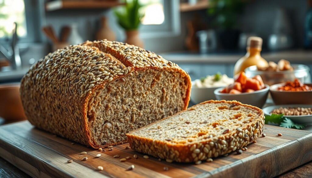 A freshly baked seeds loaf sitting on a rustic wooden cutting board, showcasing an array of mixed seeds such as sunflower, sesame, and pumpkin seeds sprinkled generously on top and throughout the bread. The loaf is sliced to reveal its dense, healthy interior filled with grains and seeds, exuding a warm, inviting golden-brown color. In the background, a cozy kitchen scene is softly illuminated by natural light filtering through a window, casting gentle shadows. Various creative toppings like herbs and spreads are arranged around the loaf, enhancing its visual appeal. The focus is on the loaf, captured at a slight angle to emphasize its texture and inviting look, evoking a warm, wholesome atmosphere perfect for healthy cooking.