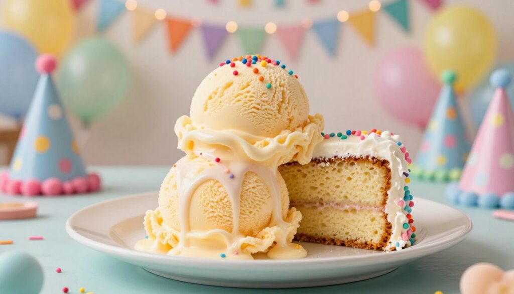 A lavish classic birthday cake ice cream display, featuring a generous scoop of creamy pastel-colored birthday cake ice cream topped with colorful sprinkles and a slice of traditional vanilla birthday cake on a white porcelain plate. In the foreground, the melting ice cream creates a delightful texture, inviting the viewer to indulge. The middle ground includes a bright, festive birthday table adorned with party hats and vibrant balloons, creating a joyful atmosphere. The background is softly blurred, highlighting a cheerful birthday party setting with strings of fairy lights and cheerful decorations. Warm, soft lighting enhances the colors, while a shallow depth of field draws focus to the cake and ice cream. The scene evokes a sense of celebration and nostalgia, perfect for a delightful birthday treat.