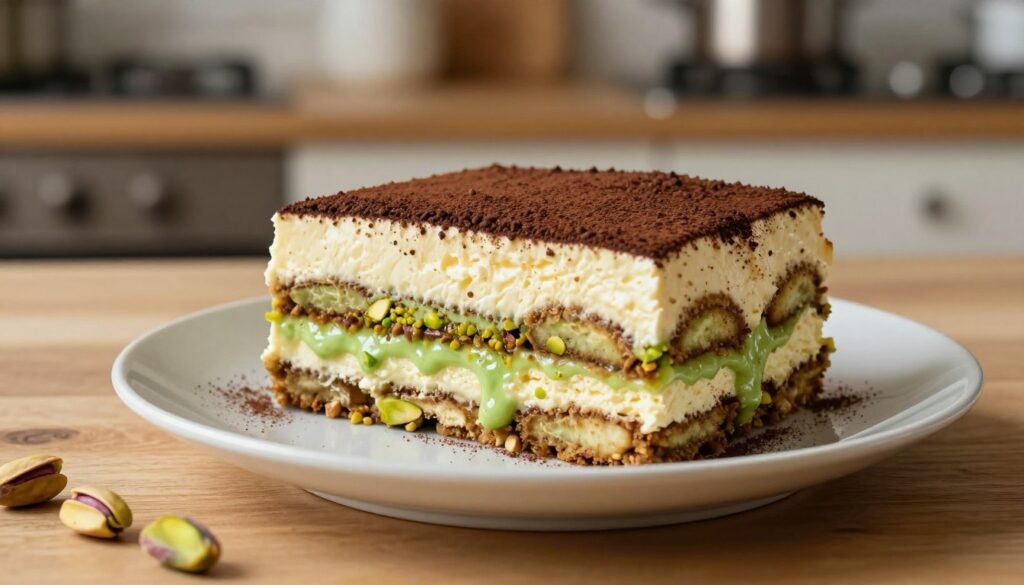 A luscious slice of authentic pistachio tiramisu sits elegantly on a delicate porcelain plate, showcasing its rich layers of creamy mascarpone and vibrant green pistachio cream. The tiramisu features a dusting of finely grated dark chocolate on top, contrasting beautifully with the pale layers. In the foreground, scattered pistachio nuts add a hint of rustic charm. The background reveals a softly lit kitchen scene, with warm, inviting light highlighting the textures of the dessert and the wooden countertop. The angle captures the dessert slightly from above, emphasizing its depth and inviting appearance. The overall mood is cozy and indulgent, inviting viewers to savor this nutty twist on a classic dessert.